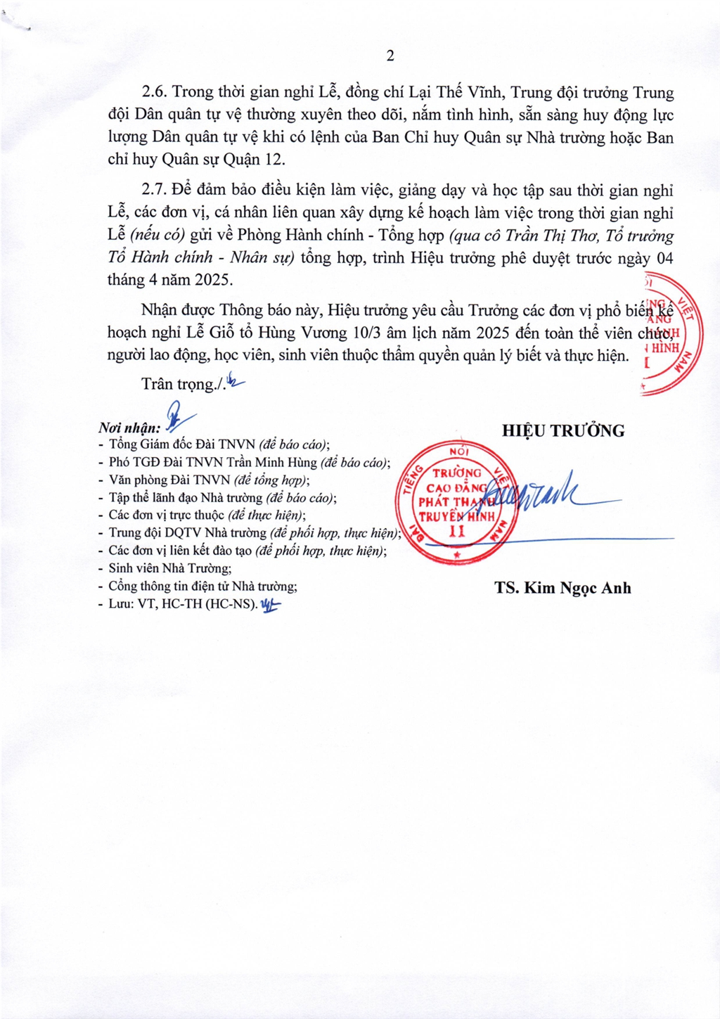 Thông báo về việc nghỉ Lễ Giỗ Tổ Hùng Vương 10/3 âm lịch năm 2025