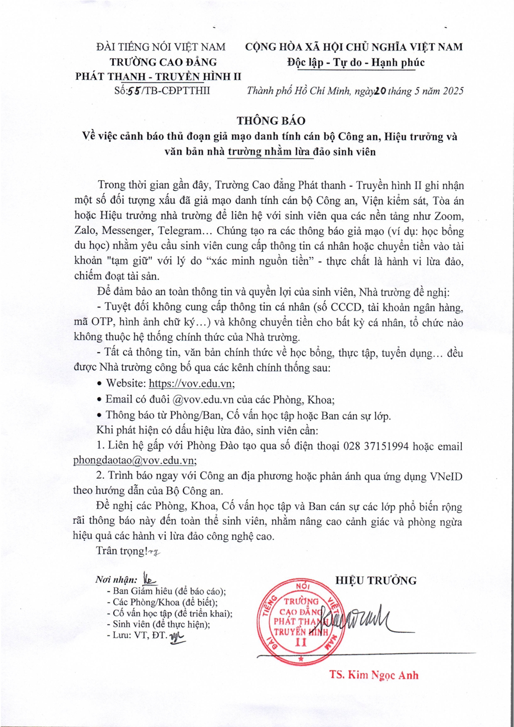 Thông báo về việc cảnh báo thủ đoạn giả mạo danh cán bộ Công an, Hiệu trưởng và van bản nhà trường nhằm lừa đảo sinh viên
